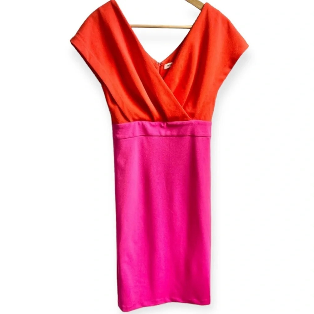 Jealous Tomato Pink & Red Colorblock Surplice Neckline Mini Dress, S - Picture 1 of 14